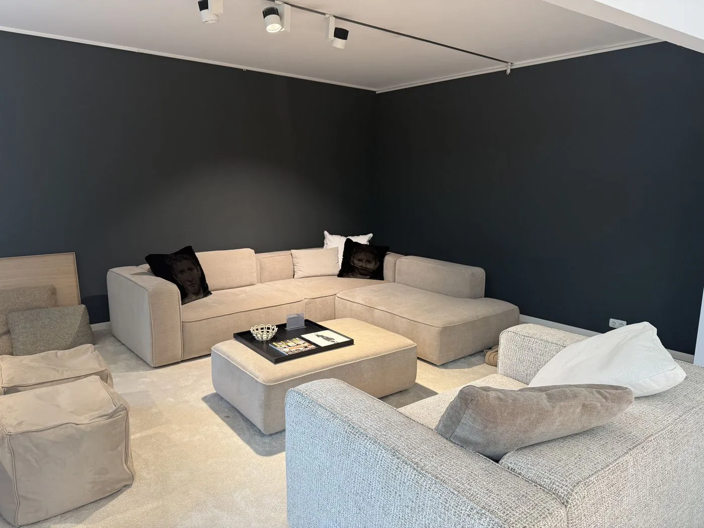 Wohnlandschaft in Hellbeige vor dunkler Wand
