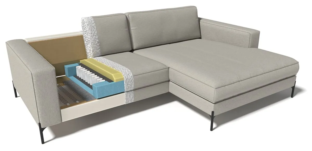 Aufgeschnittenes Sofa mit farblich abgesetzten Polsterschichten: Wellenunterfederung, Tonnentaschenfederkern, PUR-Schaum, Vlies und Bezug