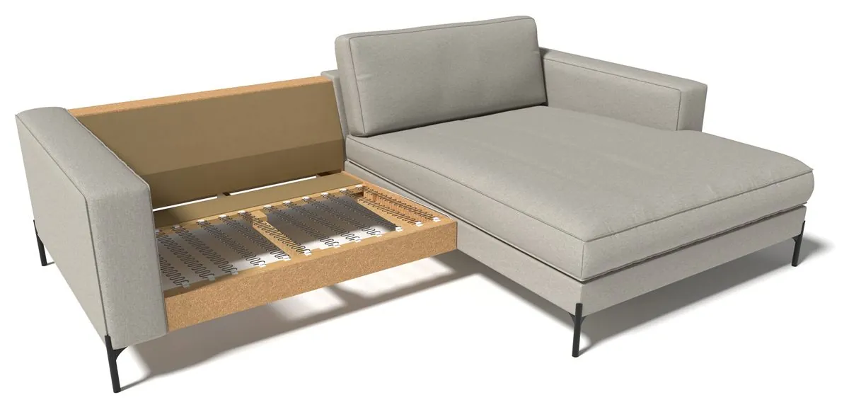 Sofa mit freigelegtem Gestell: Holzrahmen und Stahl-Wellenfedern sind sichtbar